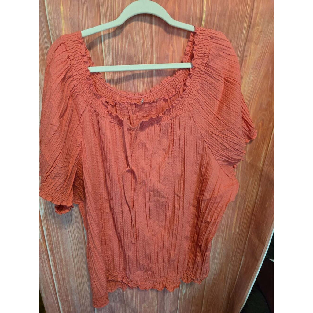 Fashion Bug Women's Coral Short Sleeve Smocked Ruffle Neck Tie Front Blouse