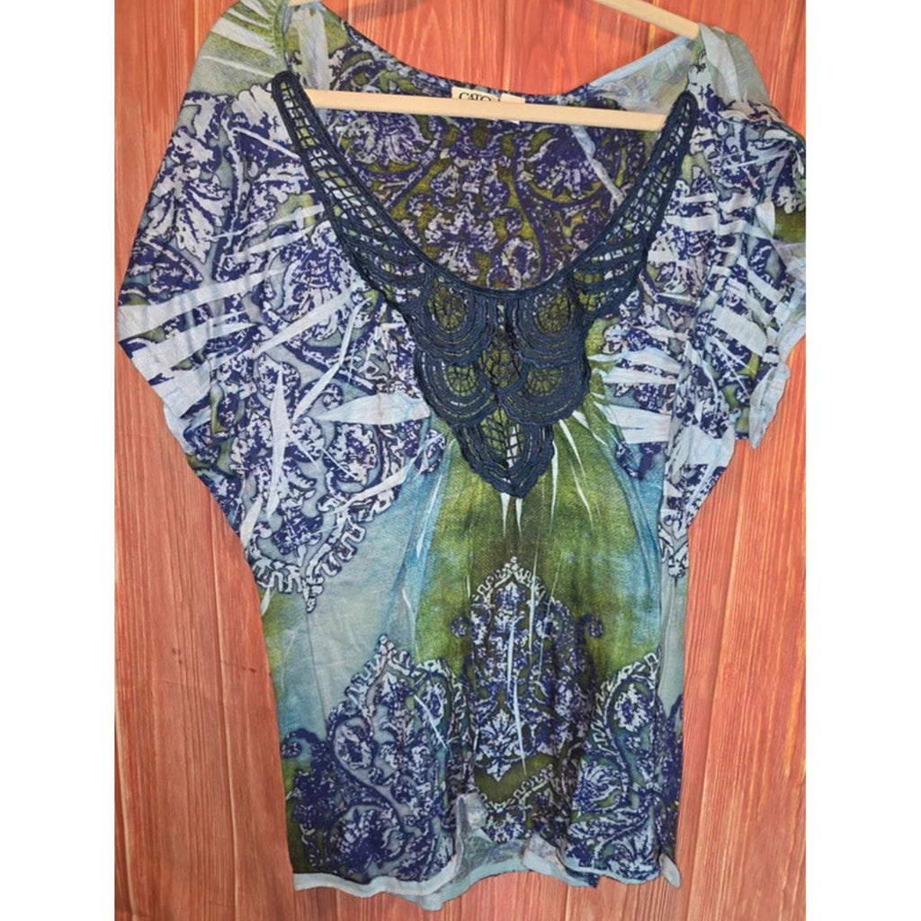 Cato Blue Green Medallion Crochet Bib Dolman Sleeve Top 26/28W Plus