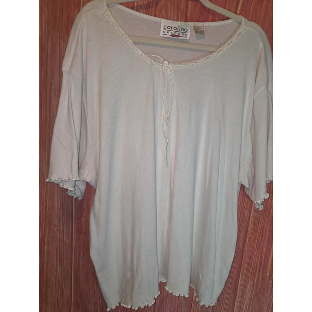 Carolina Colours Plus White Lace Trim Tie Neck Lettuce Hem Top 22W/42