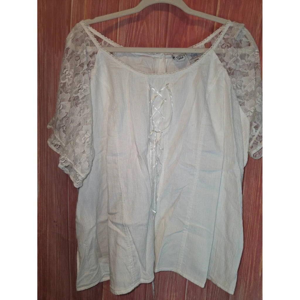 Carolina Colours Plus White Lace Sleeve Corset Tie Peasant Top 26W Cotton