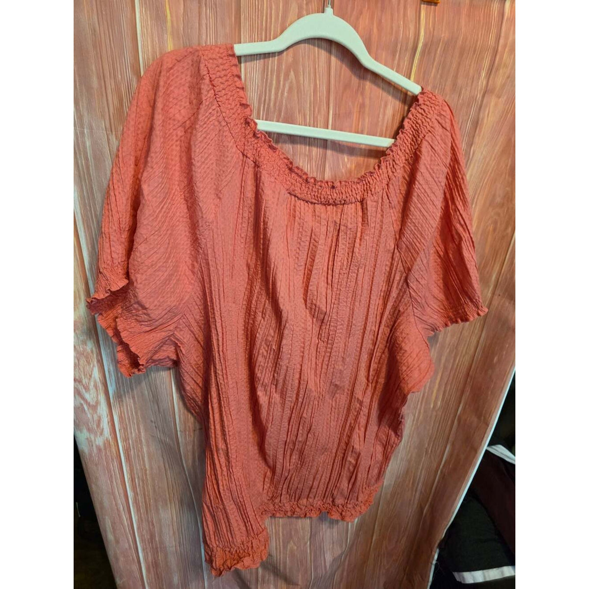 Fashion Bug Women's Coral Short Sleeve Smocked Ruffle Neck Tie Front Blouse