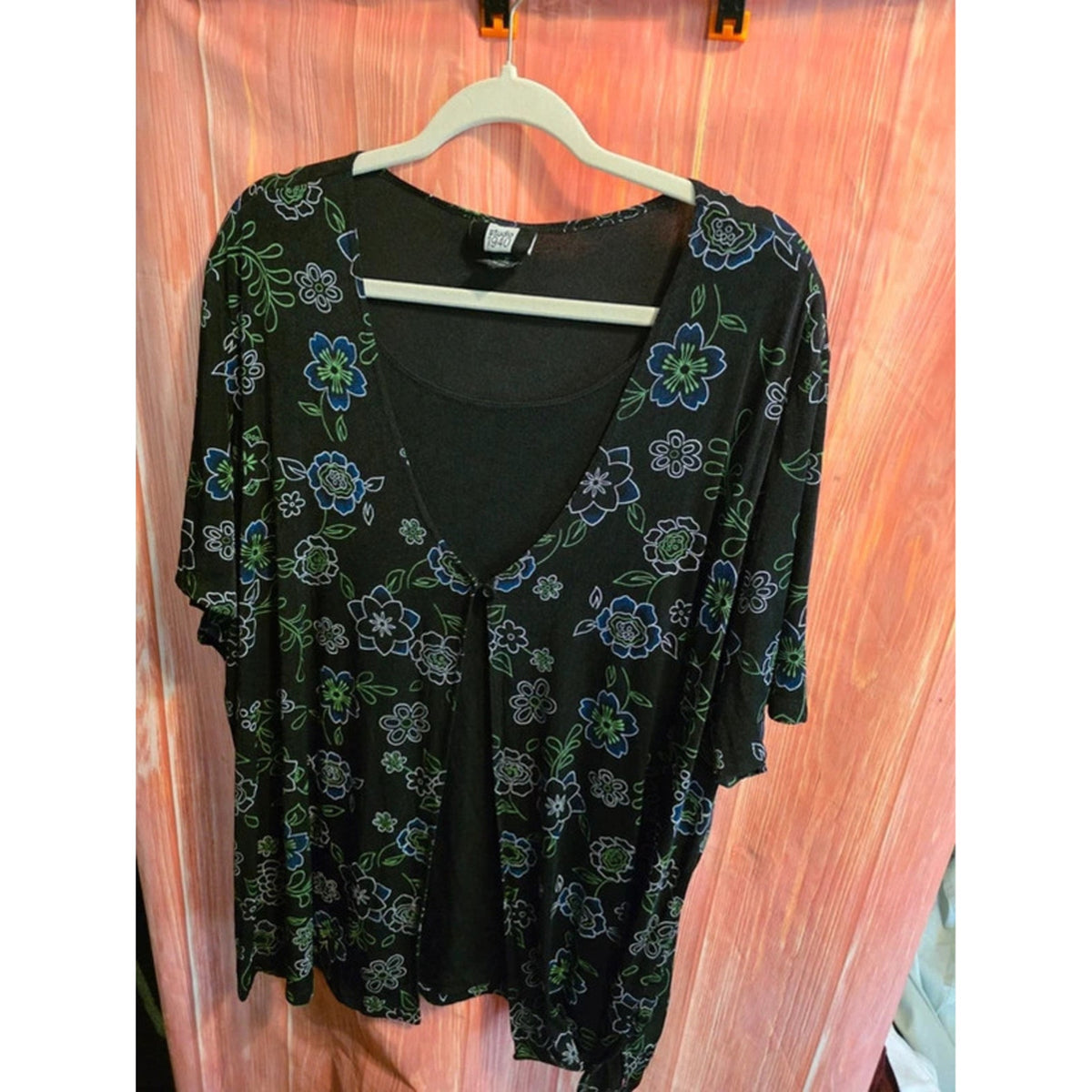 Studio 1940 Womens Plus 3X 2-in-1 Layer Floral Cardigan Top Black Blue Green USA