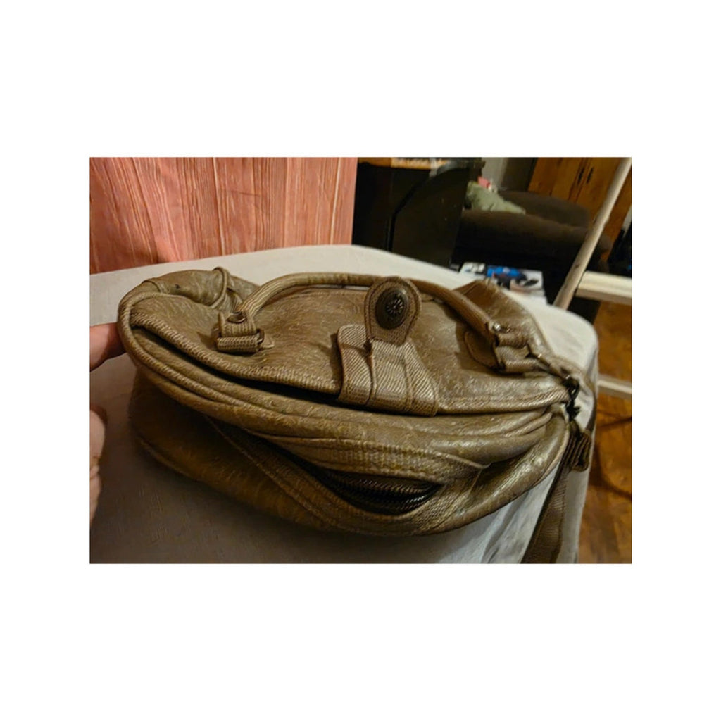 Vintage Y2K Taupe Textured Crossbody Satchel - Brass Details & Double Handles