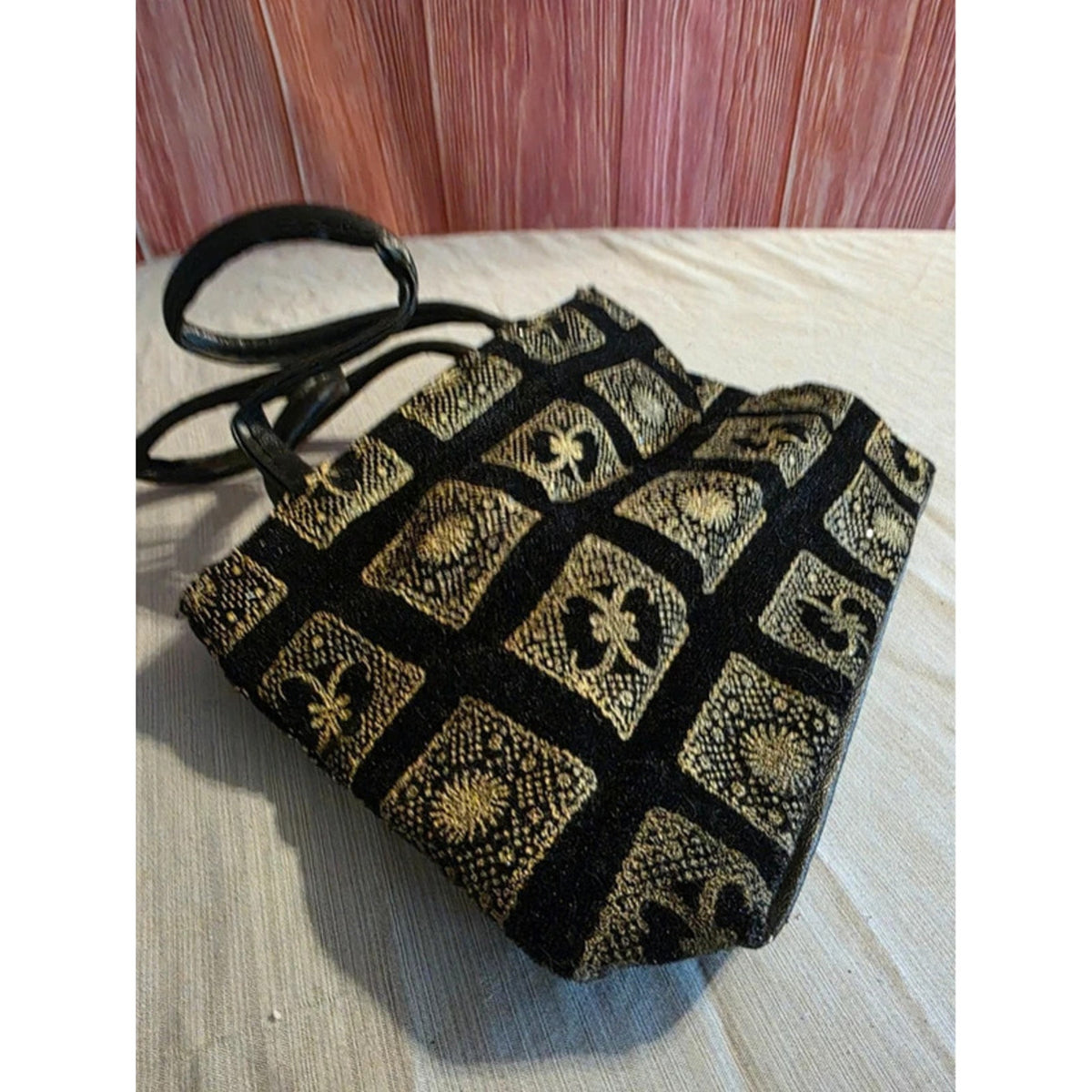 Vintage Black & Gold Tapestry Jacquard Mini Handbag - Metallic Fleur-de-Lis