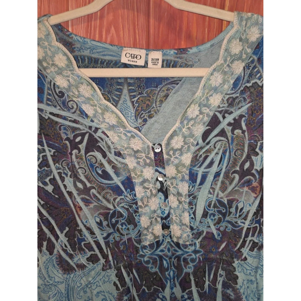 Cato Woman Teal Blue Paisley Henley Lace Trim Short Sleeve Top 26/28W