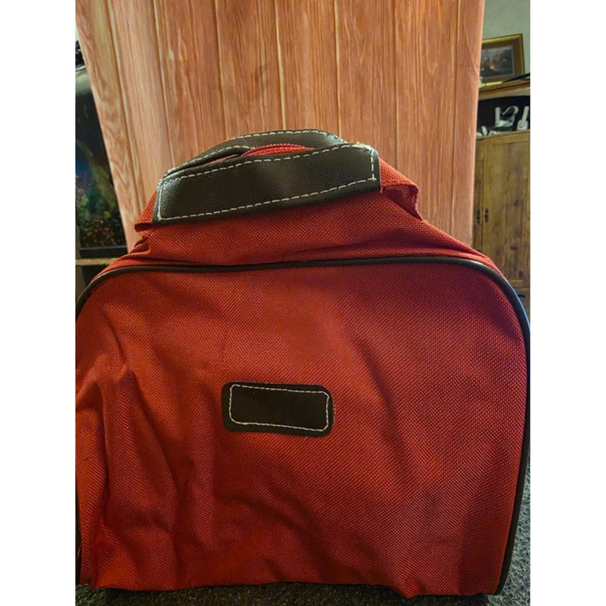 Brick Red Canvas Shoe Bag Travel Packing Cube Brown Faux Leather Trim