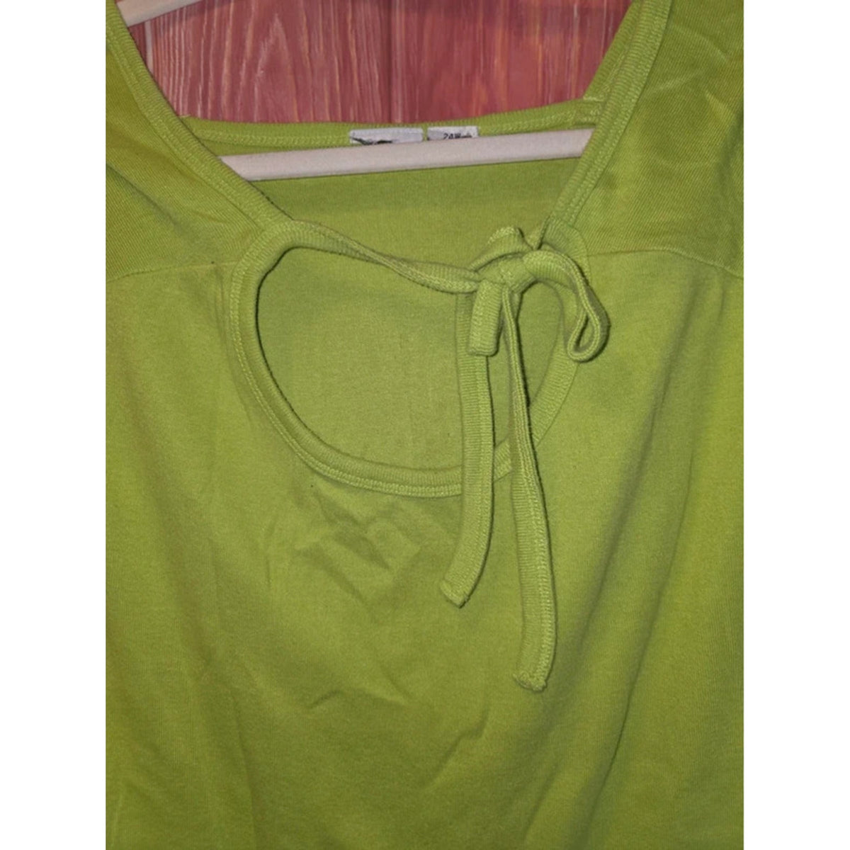 Bright Lime Green Keyhole Tie Neck Dolman Short Sleeve Top 24W Plus