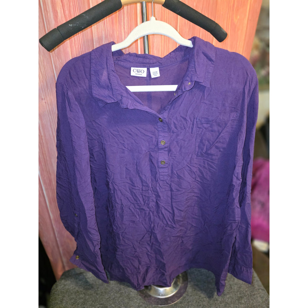 Cato Womens 22/24W Purple Henley Shirt Long Sleeve Pocket Roll Tab Casual Blouse