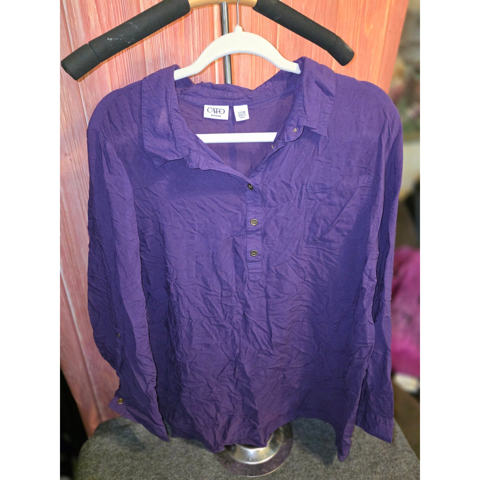 Cato Womens 22/24W Purple Henley Shirt Long Sleeve Pocket Roll Tab Casual Blouse