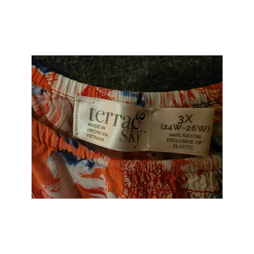 Terra Sky Womens 3X 24W 26W Orange Blue Tropical Palm Leaf Smocked Boho Top